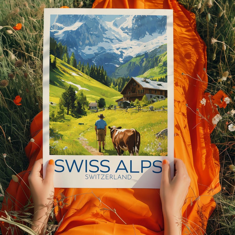 Swiss Alps Travel Poster: Alpine Mountain Landscape Illustration Art - Etsy