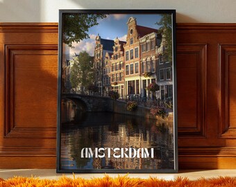 Impresión de casas en los canales de Ámsterdam: póster de viaje a los Países Bajos, paisaje urbano europeo