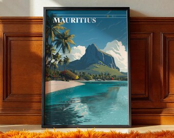 Może przedstawiać: Oprawiony wydruk artystyczny przedstawiający malowniczy widok na Mauritius. Grafika przedstawia tropikalną plażę z palmami, górą i turkusową wodą pod błękitnym niebem. Słowo "MAURITIUS" jest wyświetlane u góry.