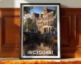 Póster de viaje a los Países Bajos: Impresión de arte mural con casas en los canales de Ámsterdam, decoración de paisajes urbanos europeos