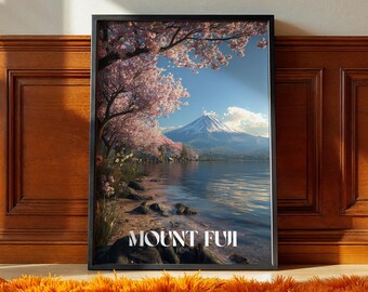 May include: Framed art print featuring Mount Fuji in Japan. The image shows the iconic mountain with a snow-capped peak, reflected in a lake. Pink cherry blossoms frame the scene, with the text "MOUNT FUJI" at the bottom.