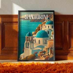 Santorini Poster – Greece Island Wall Art, White & Blue Architecture Print, Mediterranean Travel Photography, Coastal Decor