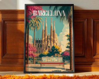 May include: A framed art print featuring the Sagrada Familia in Barcelona, Spain, under a blue sky. The word "BARCELONA" is at the top. Palm trees and pink flowering trees frame the cathedral. A bench is in the foreground.