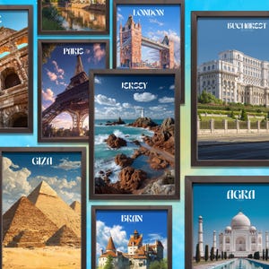 May include: A selection of framed travel posters depicting famous landmarks. The posters include images of the Eiffel Tower in Paris, Tower Bridge in London, and the Taj Mahal in Agra. Each poster is enclosed in a dark brown frame.
