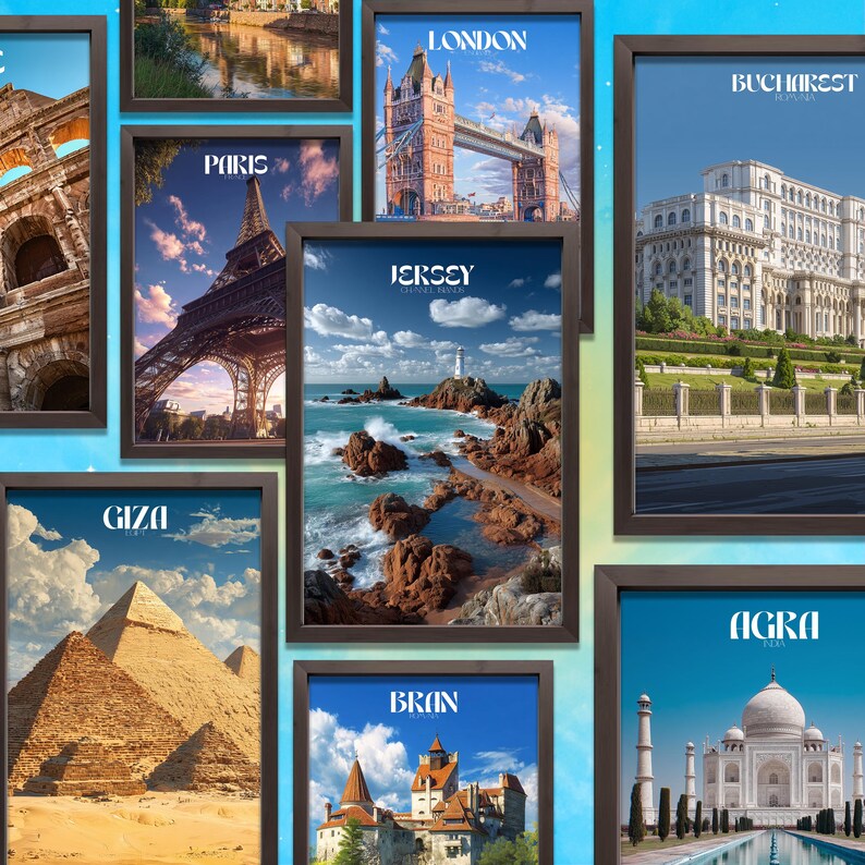 May include: A selection of framed travel posters depicting famous landmarks. The posters include images of the Eiffel Tower in Paris, Tower Bridge in London, and the Taj Mahal in Agra. Each poster is enclosed in a dark brown frame.