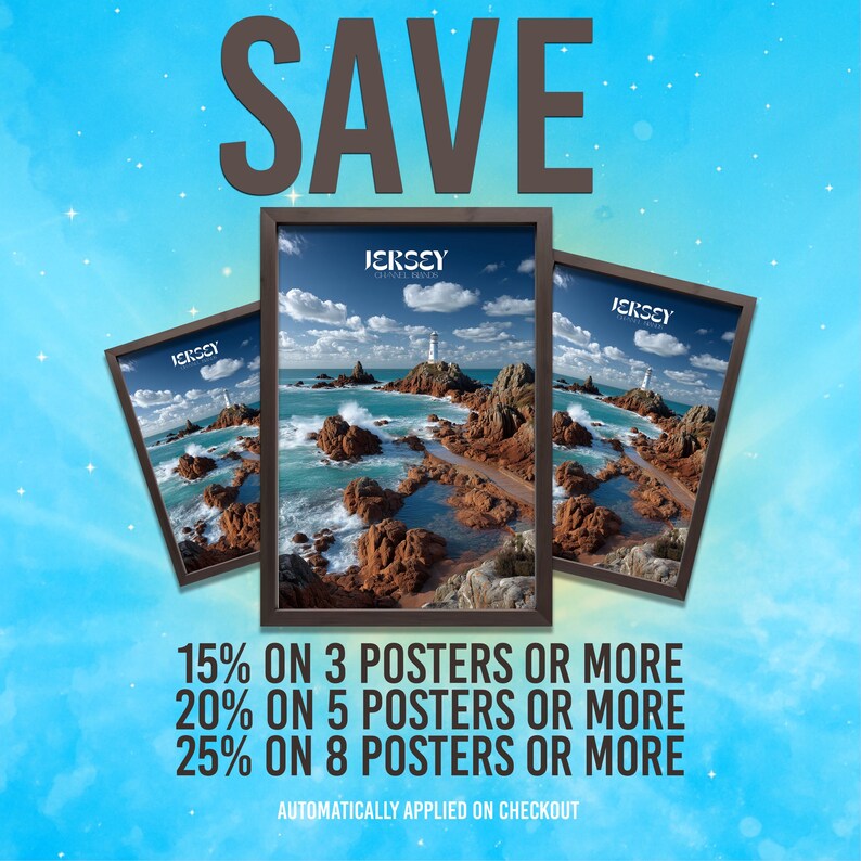 May include: Three framed posters showcasing a coastal landscape with a lighthouse and rocky terrain. The word "SAVE" is above the posters. Text below details discounts for purchasing multiple posters.