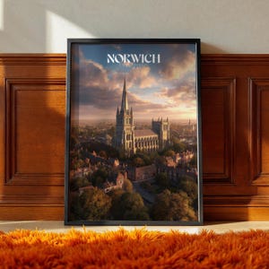 Norwich UK Poster – Historic City Wall Art, Cathedral Landscape Print, British Travel Photography Decor