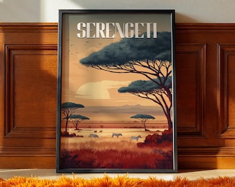 May include: A framed art print featuring a stylized landscape of the Serengeti. The artwork depicts a sunset over the savanna with acacia trees, zebras, and other wildlife. The word "SERENGETI" is displayed at the top in a bold font.