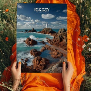 May include: A poster depicting a coastal scene with a lighthouse on a rocky island. The sea is turquoise, and the waves crash against the rocks. The poster has the text "JERSEY CHANNEL ISLANDS". The poster is held against orange fabric and green grass.