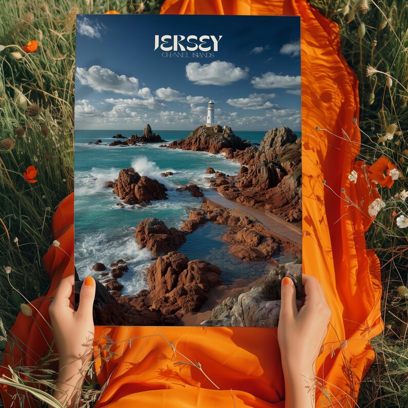 May include: A poster depicting a coastal scene with a lighthouse on a rocky island. The sea is turquoise, and the waves crash against the rocks. The poster has the text "JERSEY CHANNEL ISLANDS". The poster is held against orange fabric and green grass.