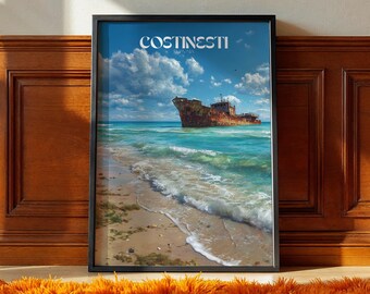 Op de afbeelding: Ingelijste kunstdruk met een kustscène met de tekst "COSTINESTI". Het kunstwerk toont een roestig scheepswrak in turquoise water onder een blauwe lucht met pluizige wolken. Het strand heeft goudkleurig zand en zachte golven.