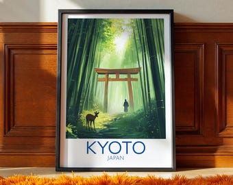 May include: Framed art print featuring a serene scene of a bamboo forest with a traditional Japanese torii gate. A deer stands near a path leading to the gate, with a figure in the distance. The word "KYOTO" is displayed in blue text.