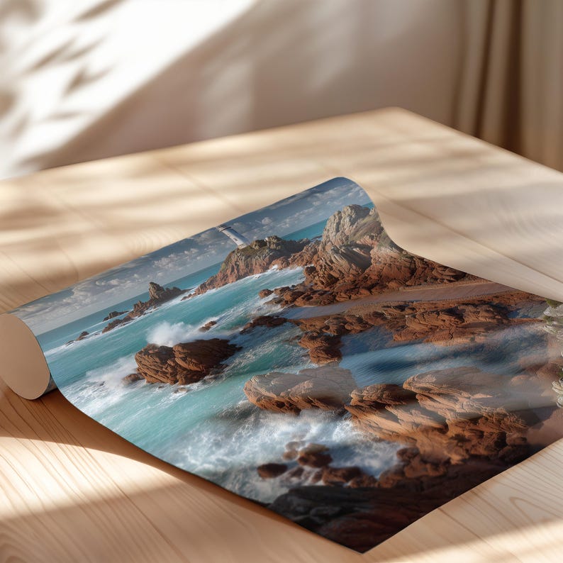 May include: A rolled print depicting a coastal scene with turquoise water and reddish-brown rocks. The print is on a wooden surface, with sunlight and shadows enhancing the image. The artwork captures the essence of the ocean and natural landscapes.