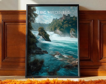 May include: A framed print featuring the Rhine Waterfalls. The artwork showcases a vibrant turquoise river cascading over rocks, with lush green trees and a castle in the background. The text "Rhine Waterfalls" is at the top.