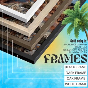 May include: An angled display of picture frames in black, dark, oak, and white. The image highlights the different frame colours and styles. The word "FRAMES" is displayed in a decorative font, with text indicating where the frames are sold.