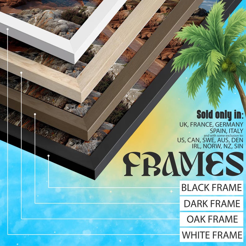 May include: An angled display of picture frames in black, dark, oak, and white. The image highlights the different frame colours and styles. The word "FRAMES" is displayed in a decorative font, with text indicating where the frames are sold.
