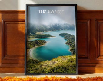 Póster de las Azores, Portugal: arte mural de isla volcánica, impresión de paisaje oceánico, fotografía de viajes de naturaleza