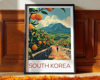 South Korea Travel Poster: Jeju Tangerine Farm Illustration Art