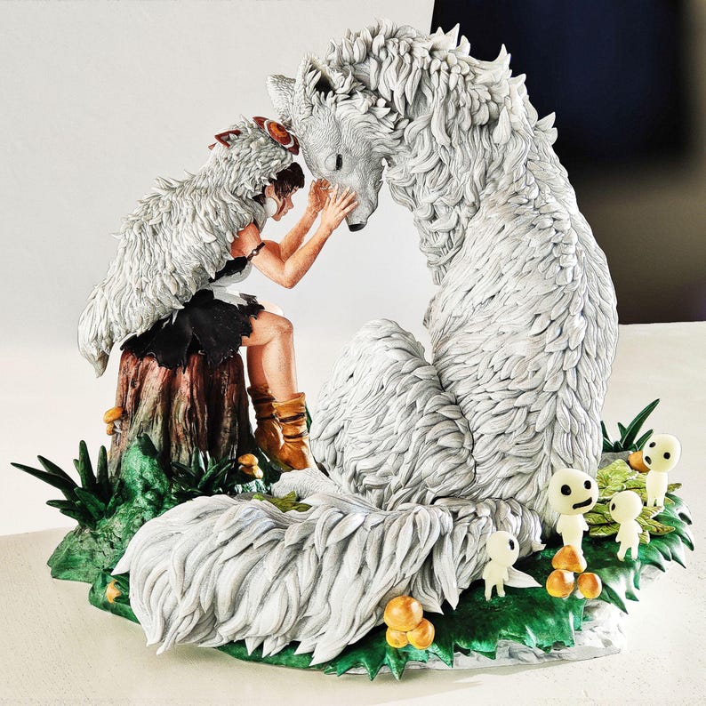 May include: A detailed figurine depicting a woman in a wolf-like costume interacting with a large, stylized wolf. The sculpture features a forest setting with mushrooms and small, white forest spirits. The color palette is primarily white, brown, and green.