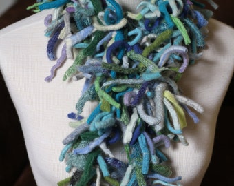 Blue Ocean Wool Boa Scarf made from felted sweater seams