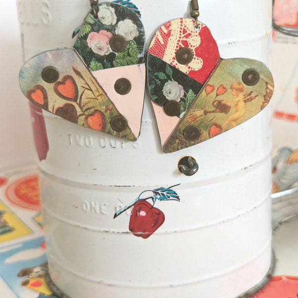Vintage Patchwork Hearts Upcycled Tin Earrings Valentine's Day