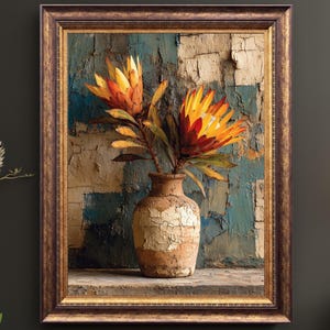 Può includere: Stampa incorniciata con fiori arancioni e gialli in un vaso invecchiato. Lo sfondo presenta un design astratto strutturato in blu, bianco e marrone. La cornice è in legno scuro e ornato. Il testo "Furmora Prints" è in basso.