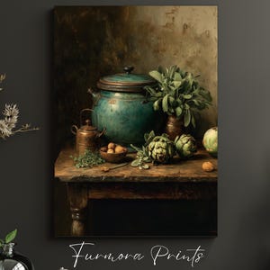 May include: A still life painting featuring a teal pot with a lid, a copper tea kettle, and a vase of sage on a wooden table. Artichokes and small bowls of nuts and herbs are also present. The painting has a vintage aesthetic with the text "Furmora Prints".