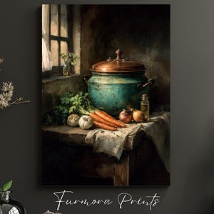 May include: A still life print featuring a teal cooking pot with a copper lid, carrots, onions, garlic, and a bottle of oil on a table. The print has a vintage aesthetic, with a window in the background. The text "Furmora Prints" is at the bottom.