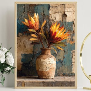Wabi Sabi Floral Art, King Protea Oil Painting, Rustic Earthy Decor, Textured Impasto Flower, Vintage Still Life Print, Boho Beige