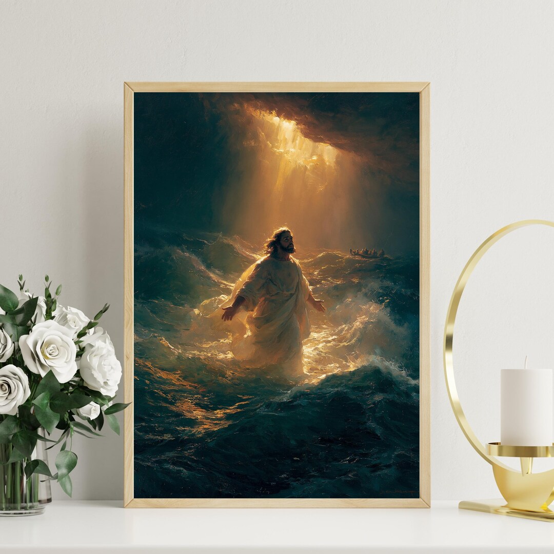 Jesus Walking on Water Oil Painting, Vintage Biblical Christian Art ...