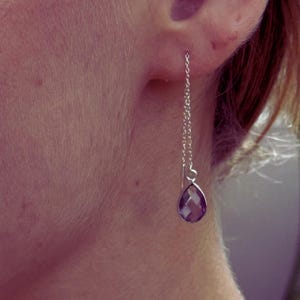 Long Thread Earrings | Elegant Chain Earrings in Sterling Silver | Amethyst Thread Earrings