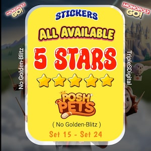 Monopoly Go 5-Star Stickers - Sets 15-24 No Golden Blitz