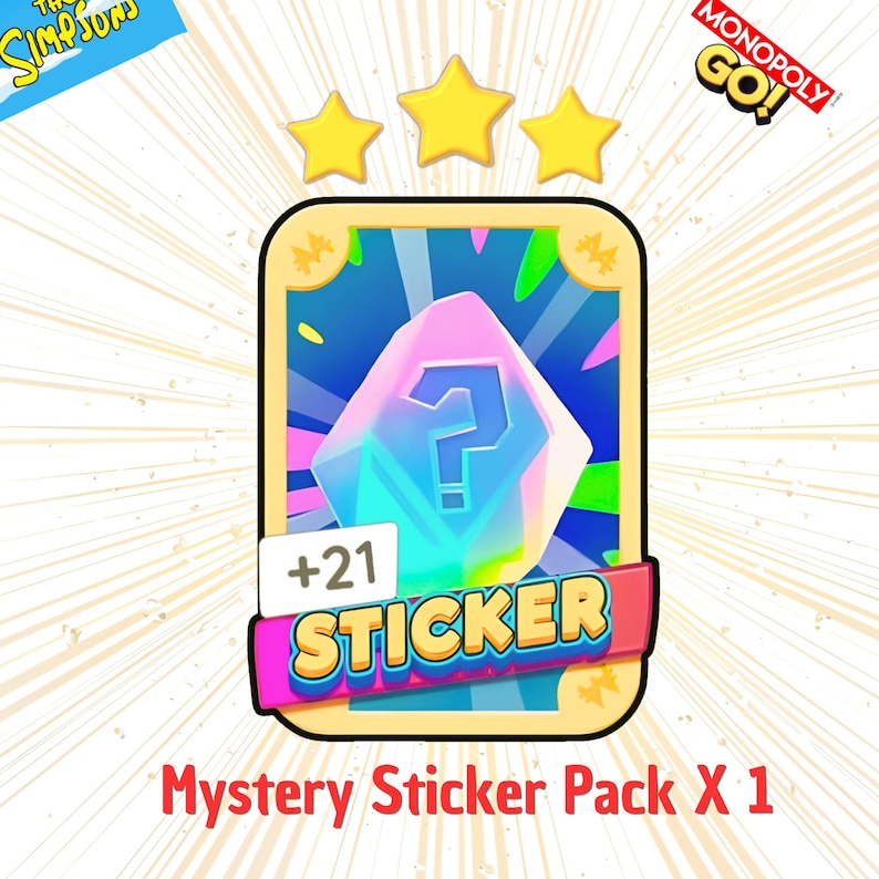 May include: A rectangular game card featuring a central iridescent crystal with a blue question mark. Above the card are three yellow stars. A pink banner across the bottom reads STICKER with a white tag showing +21. Text includes THE SIMPSONS and MONOPOLY GO!
