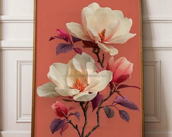 Magnolia Flower Wall Art Print – Elegant Botanical Artwork, Coral Floral Illustration