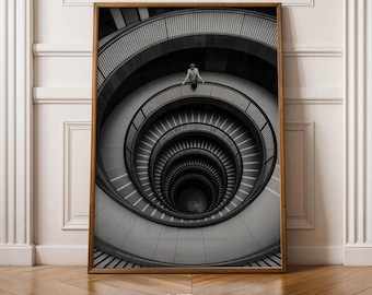 Black and White Wall Art for Office – Spiral Staircase Photography Print Gift for Him