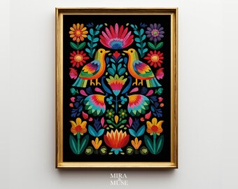 May include: A framed print featuring a vibrant, colorful floral and bird design on a black background. The artwork showcases two birds and various flowers in shades of red, orange, yellow, blue, and green. The frame is gold.
