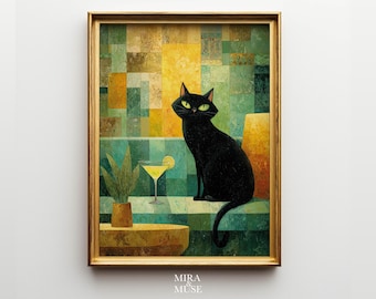 Black Cat Art Print Home Decor, Gift for Cat Lovers – Martini Cocktail Poster