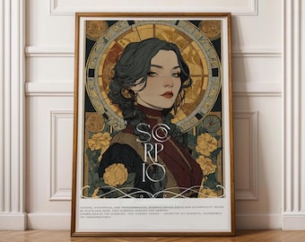 Scorpio Zodiac Art – Vintage Astrology Poster, Celestial Floral Illustration (Digital Download)