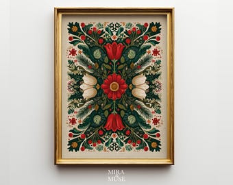 Folk Botanical Poster |  Yuletide Bloom Wall Art | Scandinavian Floral Design