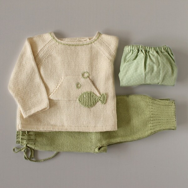 Knitted sweater,  pants. Green and pearl. Crochet fish. 100% cotton. READY TO SHIP size newborn.