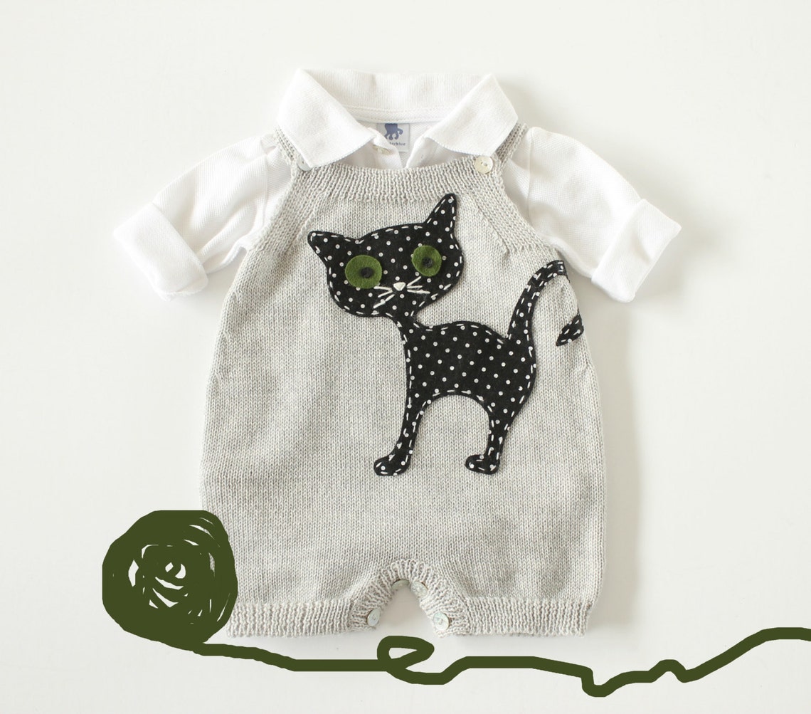 Knitted Baby Overalls in Gray With Felt Cat. 100 Wool. READY Etsy