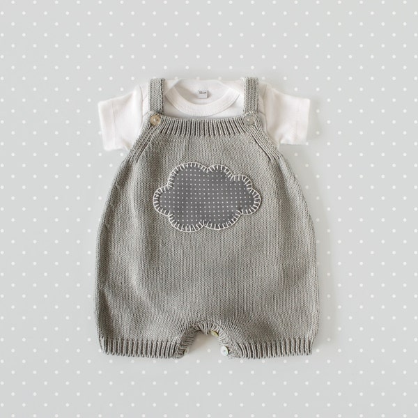 Knitted overalls in gray with a cloud. 100% cotton. READY TO SHIP size newborn.