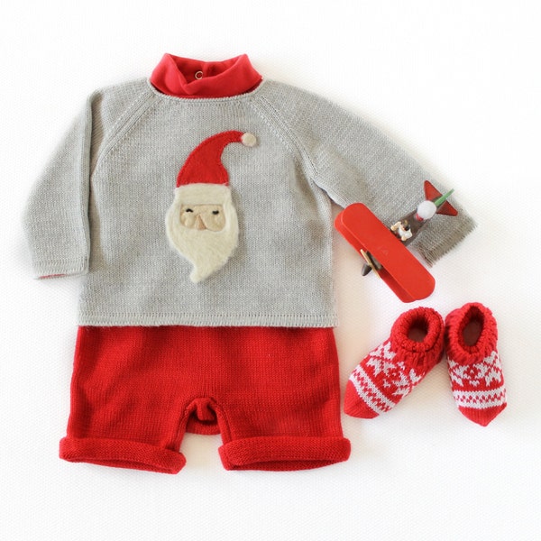 Knitted sweater, shorts and jacquard socks. Grey and red. 100% Merino wool. READY TO SHIP size 1-3 Months. Christmas. Item unique.