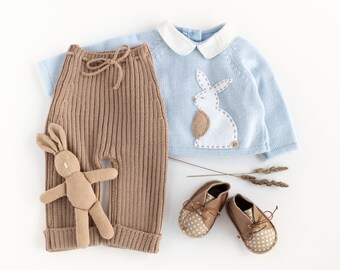 Knitted sweater and ribbed pants. Soft blue and camel. Felt Rabbit. 100% merino wool. READY to SHIP size newborn.