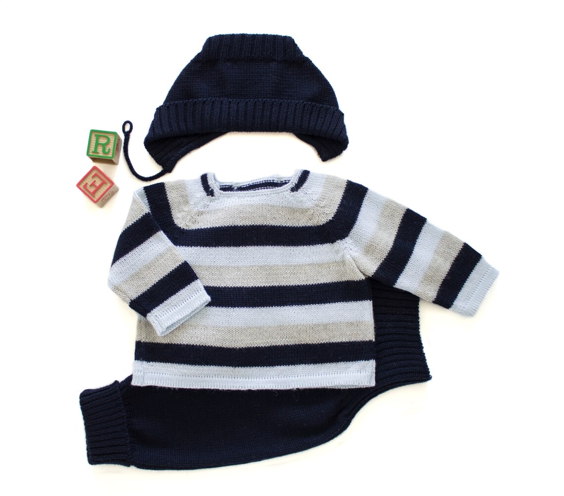 Knitted Baby Set. Striped Sweater Pants and Cap. Blues and Etsy