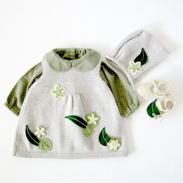 Knitted baby dress, cap and shoes, full of flowers and leaves, gray, pearl and green. 100% wool. Newborn. Item unique.