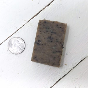 May include: A bar of brown soap with flecks of black throughout. The soap is about the size of a UK 20 pence coin.