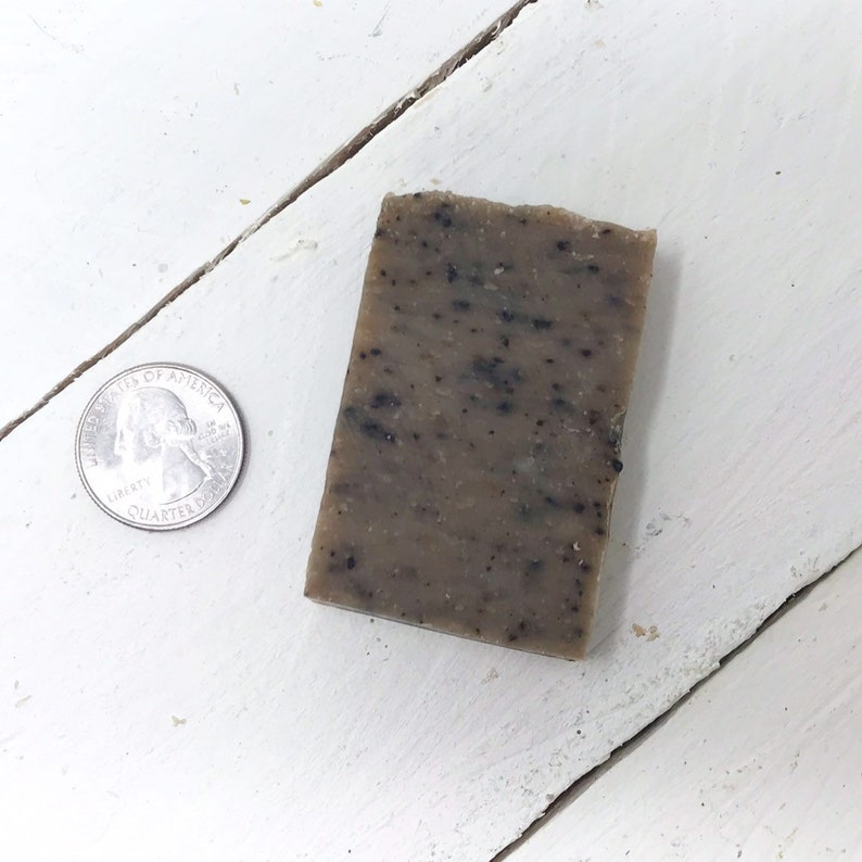 May include: A bar of brown soap with flecks of black throughout. The soap is about the size of a UK 20 pence coin.
