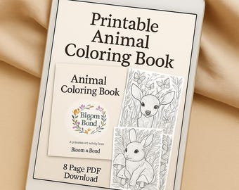 May include: A digital tablet displays a printable animal coloring book. The cover art features a deer and a rabbit, with the text "Printable Animal Coloring Book" and "Animal Coloring Book". The download is an 8-page PDF.