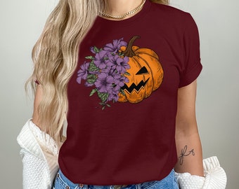 Spooky Pumpkin-shirt, tanktop, sweatshirt en bijpassende familieshirts met bloemenmotief. Perfect voor Halloween-cadeau of feest